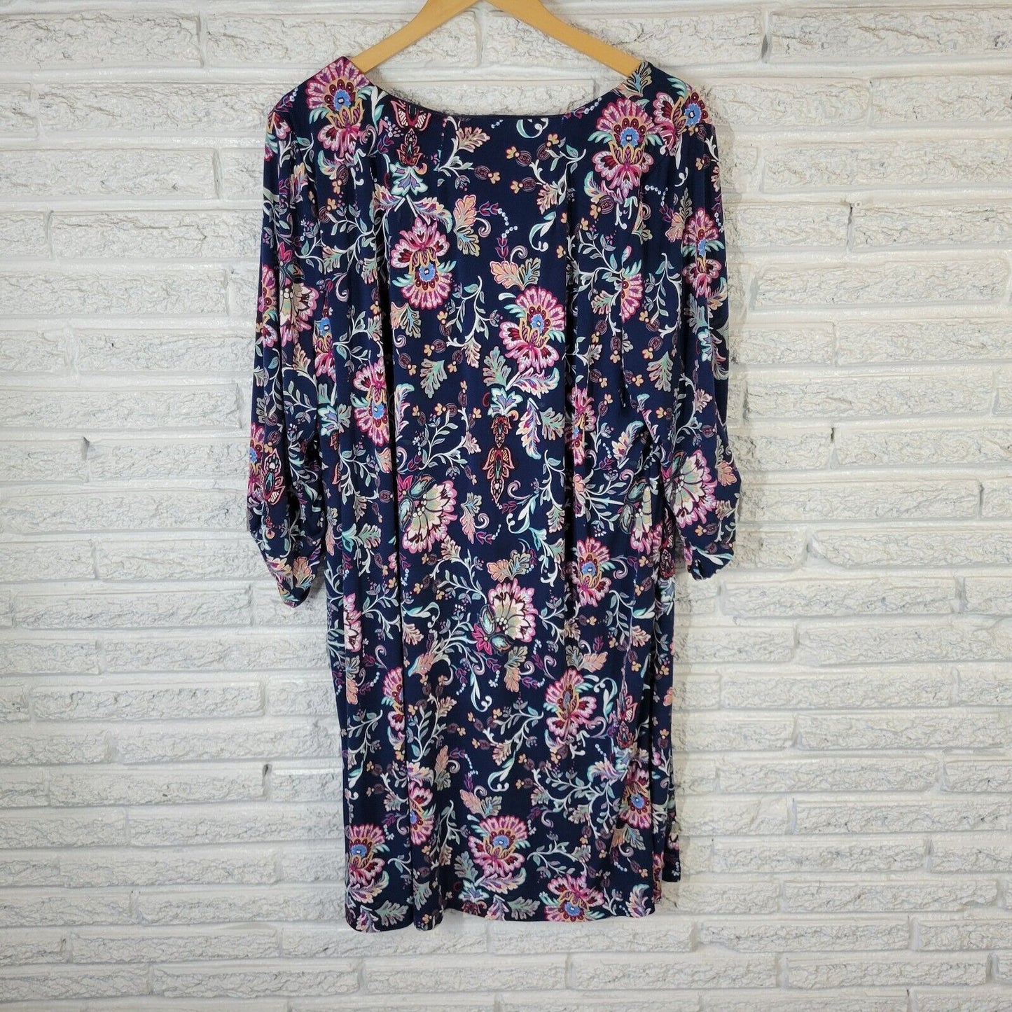 Perceptions Womens Dress 3X Ruched Sleeve Blue Pink Floral Poly Blend Pintucked