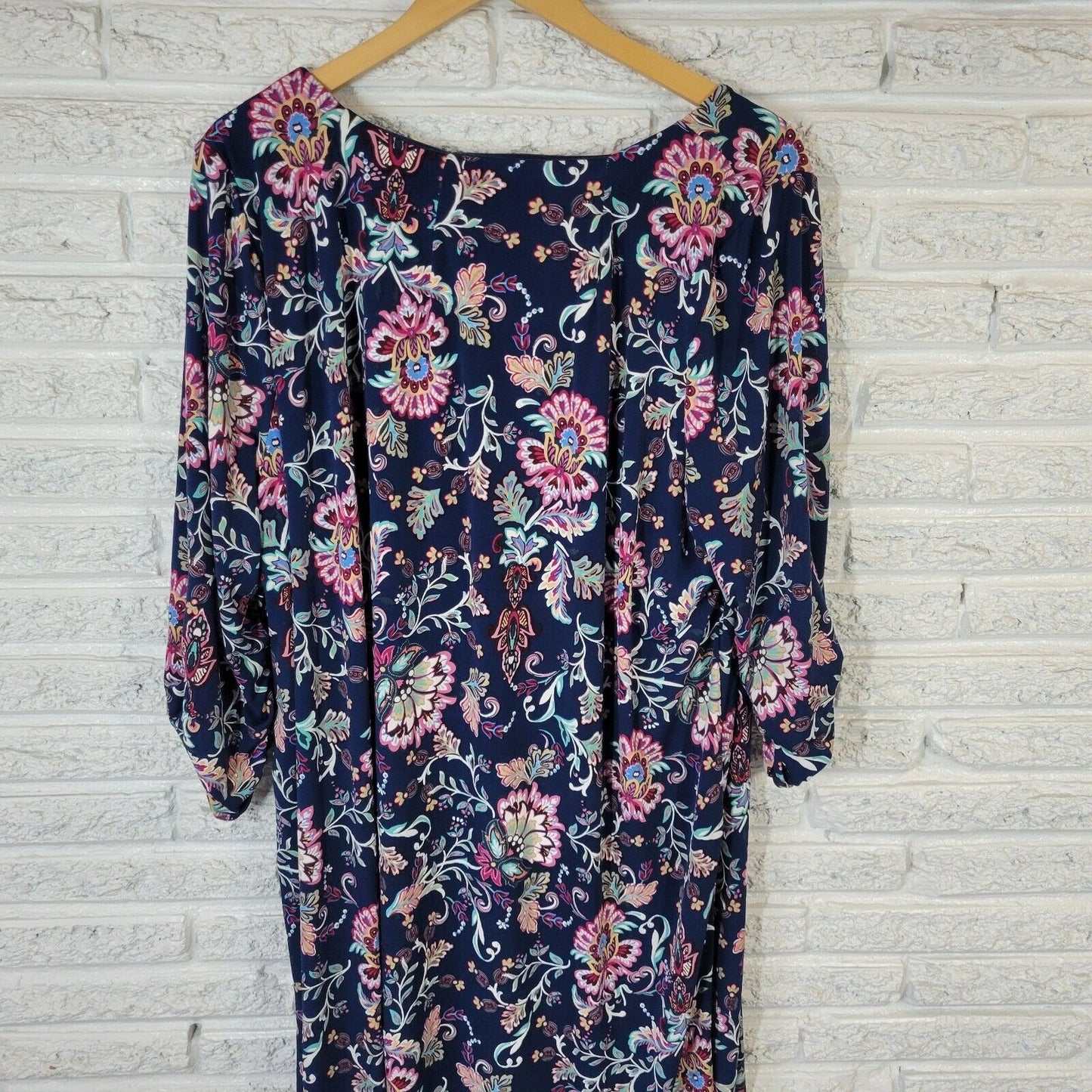 Perceptions Womens Dress 3X Ruched Sleeve Blue Pink Floral Poly Blend Pintucked