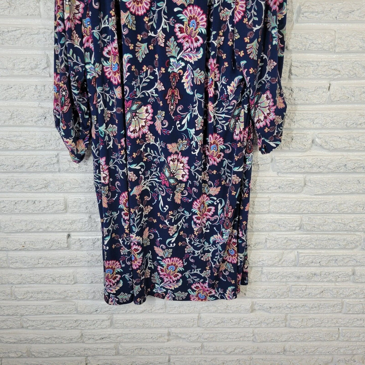 Perceptions Womens Dress 3X Ruched Sleeve Blue Pink Floral Poly Blend Pintucked