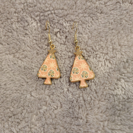 Christmas Trees #3 Womens Earrings One Pair Pink Hanging Gold Tone Holiday
