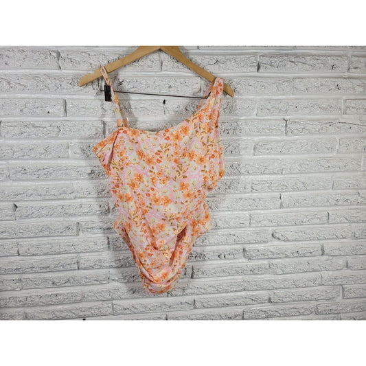 Kona Sol Womens Swimsuit 18W One Piece Orange Floral Bra Ruched Adjustable Strap