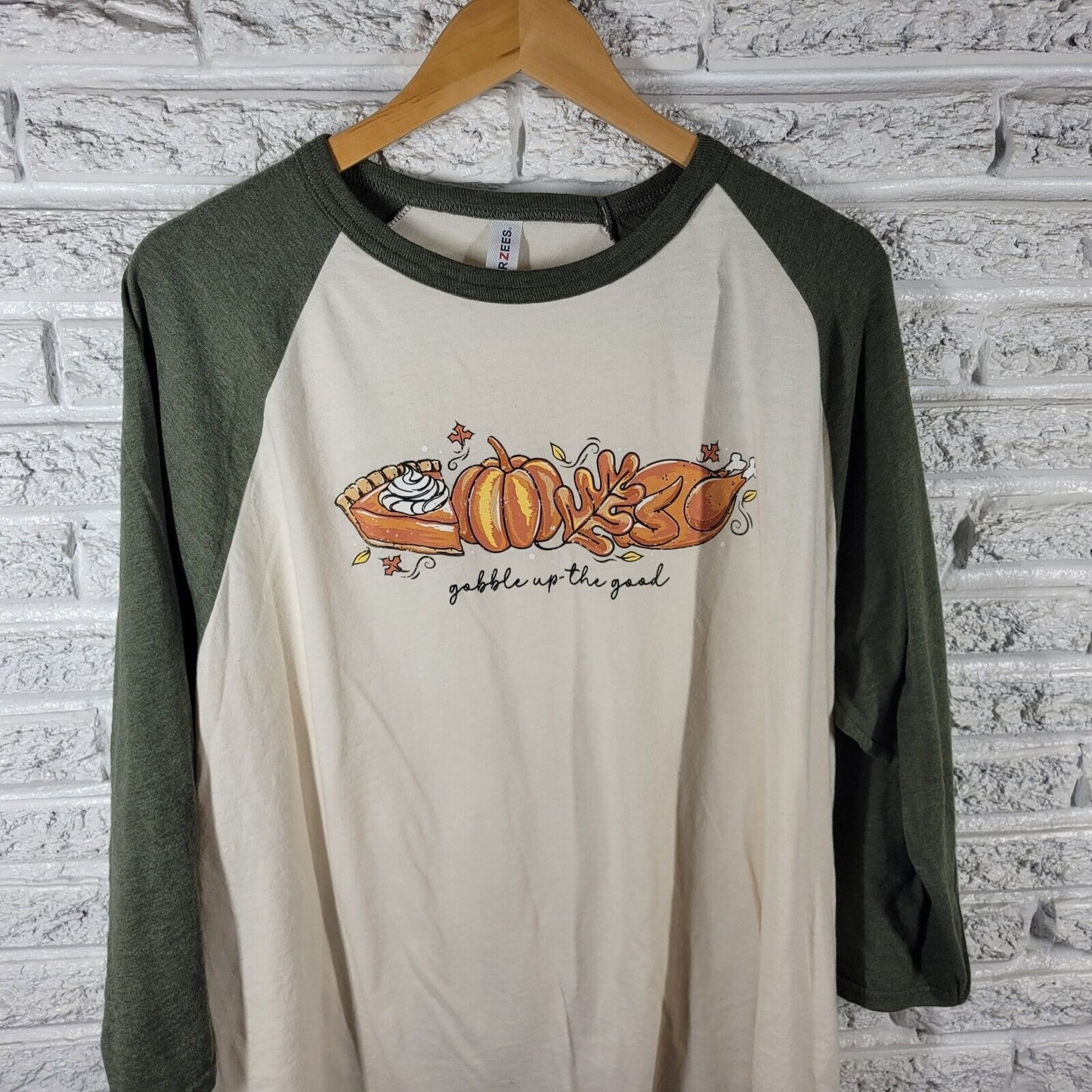 Thanksgiving Womens Top 2XL Plus Tee Raglan Sleeve Orange Green Cotton Blend
