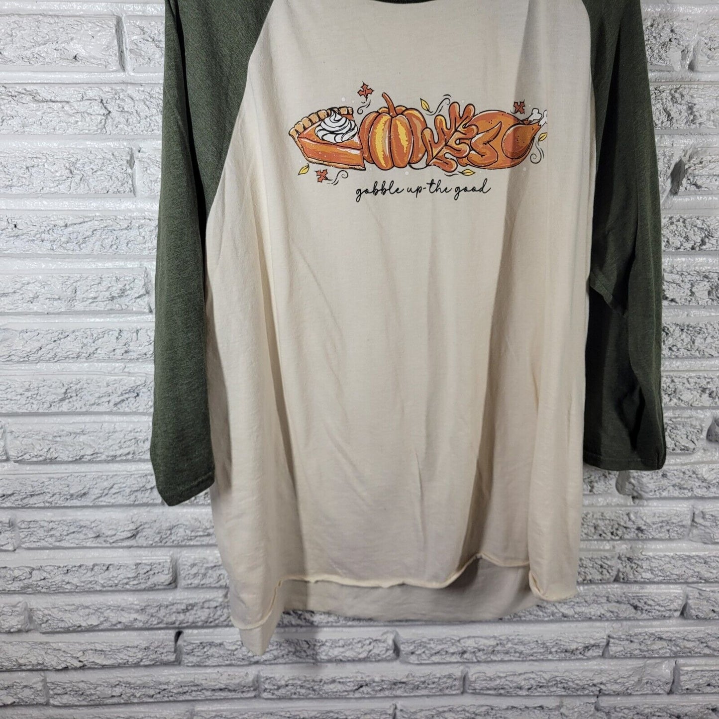 Thanksgiving Womens Top 2XL Plus Tee Raglan Sleeve Orange Green Cotton Blend