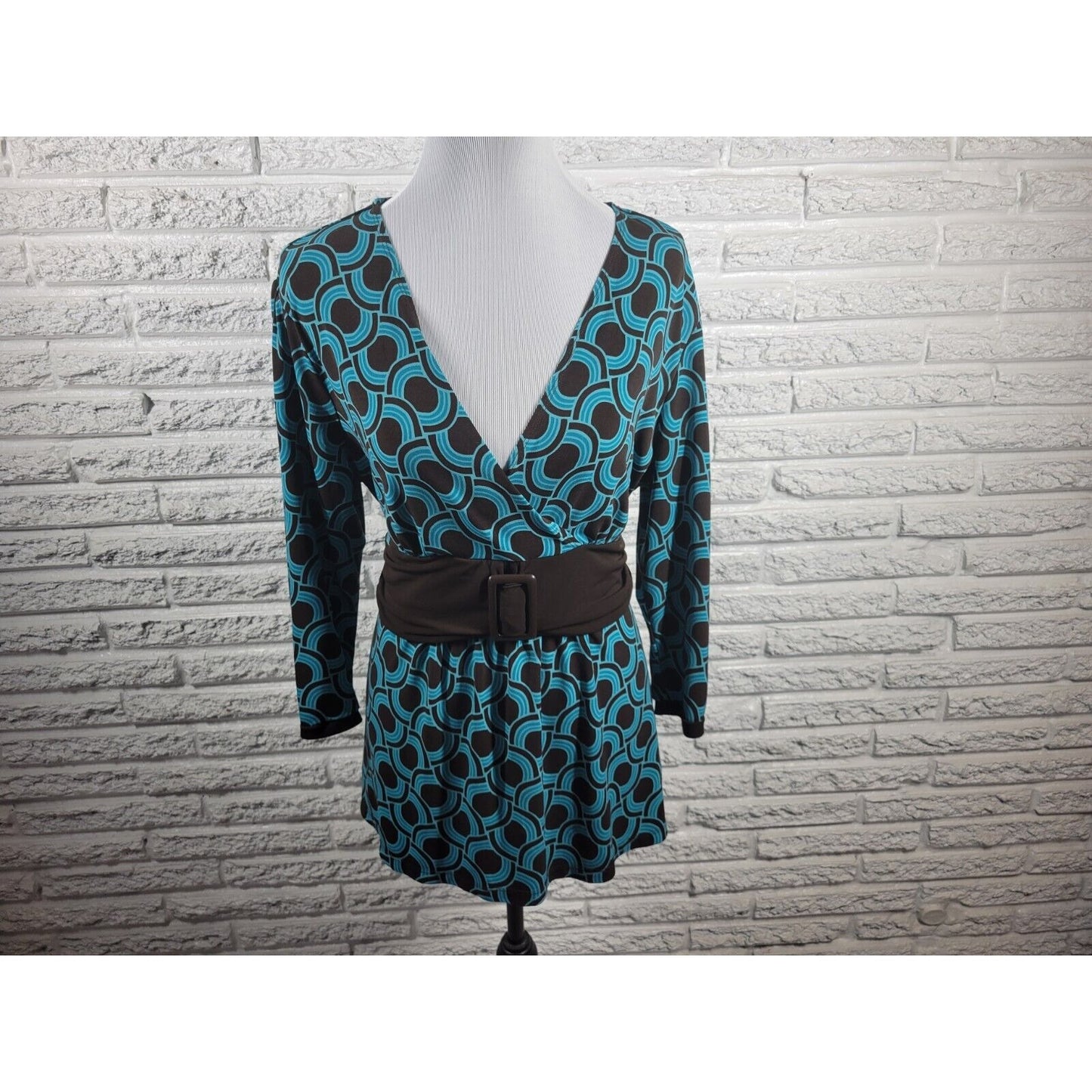 Apt 9 Womens Top Extra Large Blue Geometric Office Casual Sash Buckle Circles