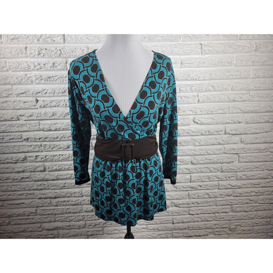 Apt 9 Womens Top Extra Large Blue Geometric Office Casual Sash Buckle Circles