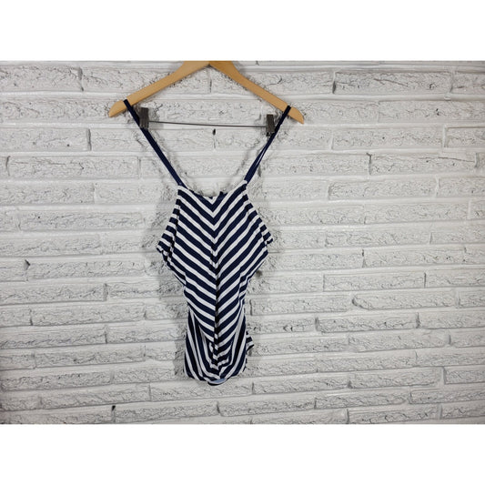 Liz Claiborne Womens Swim Top Extra Large Blue Stripe Spaghetti Strap Open Back