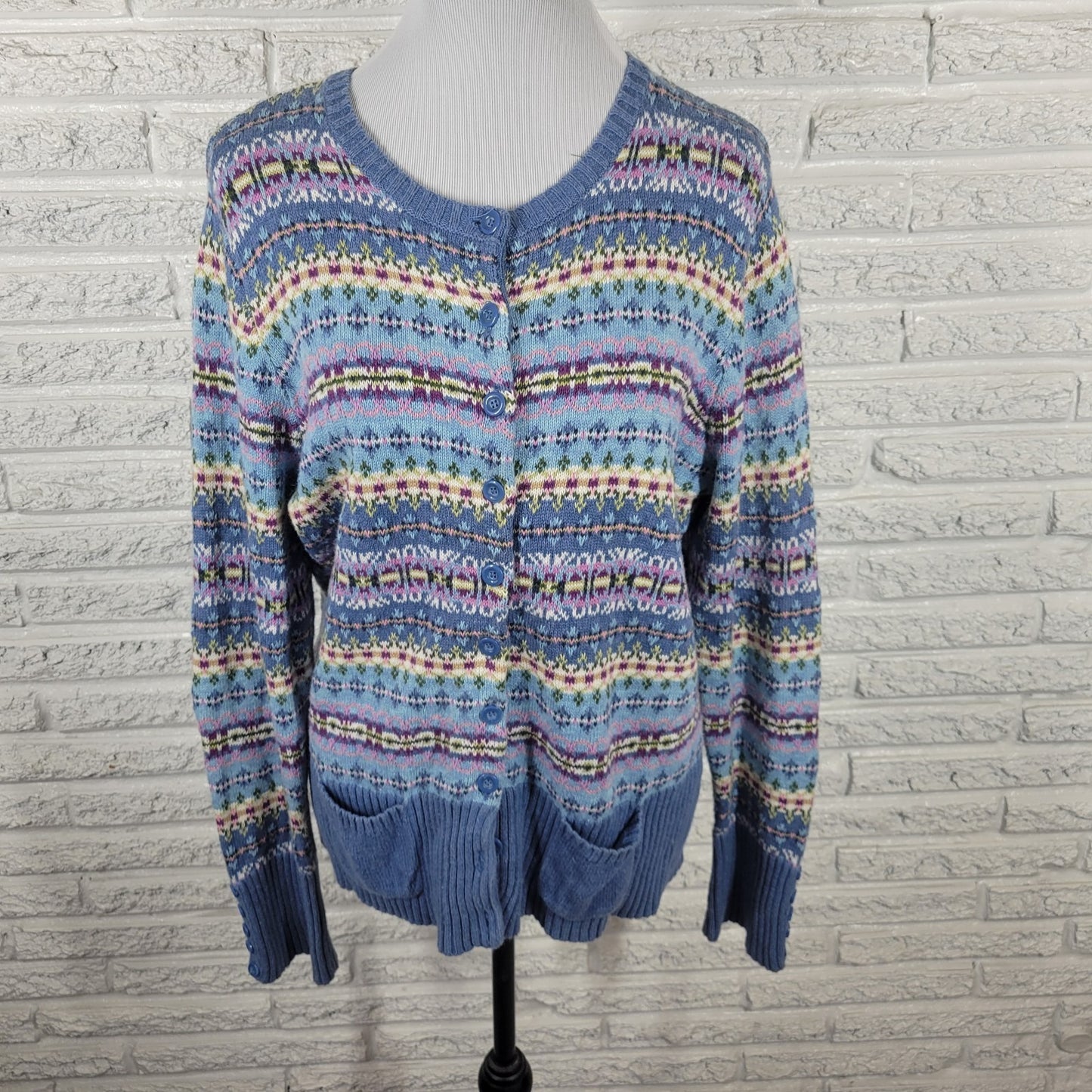 Tiara International Womens Sweaater XL Cardigan Blue Geometric Pockets Casual