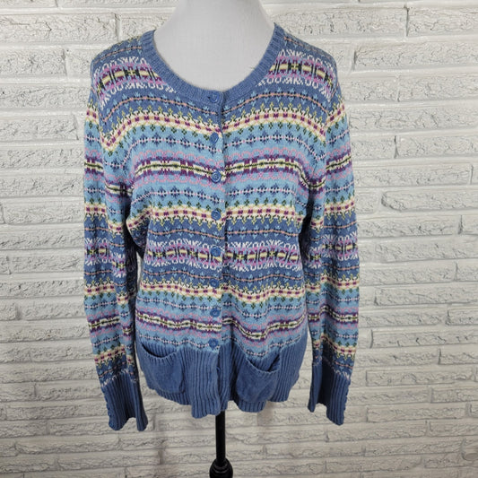 Tiara International Womens Sweaater XL Cardigan Blue Geometric Pockets Casual