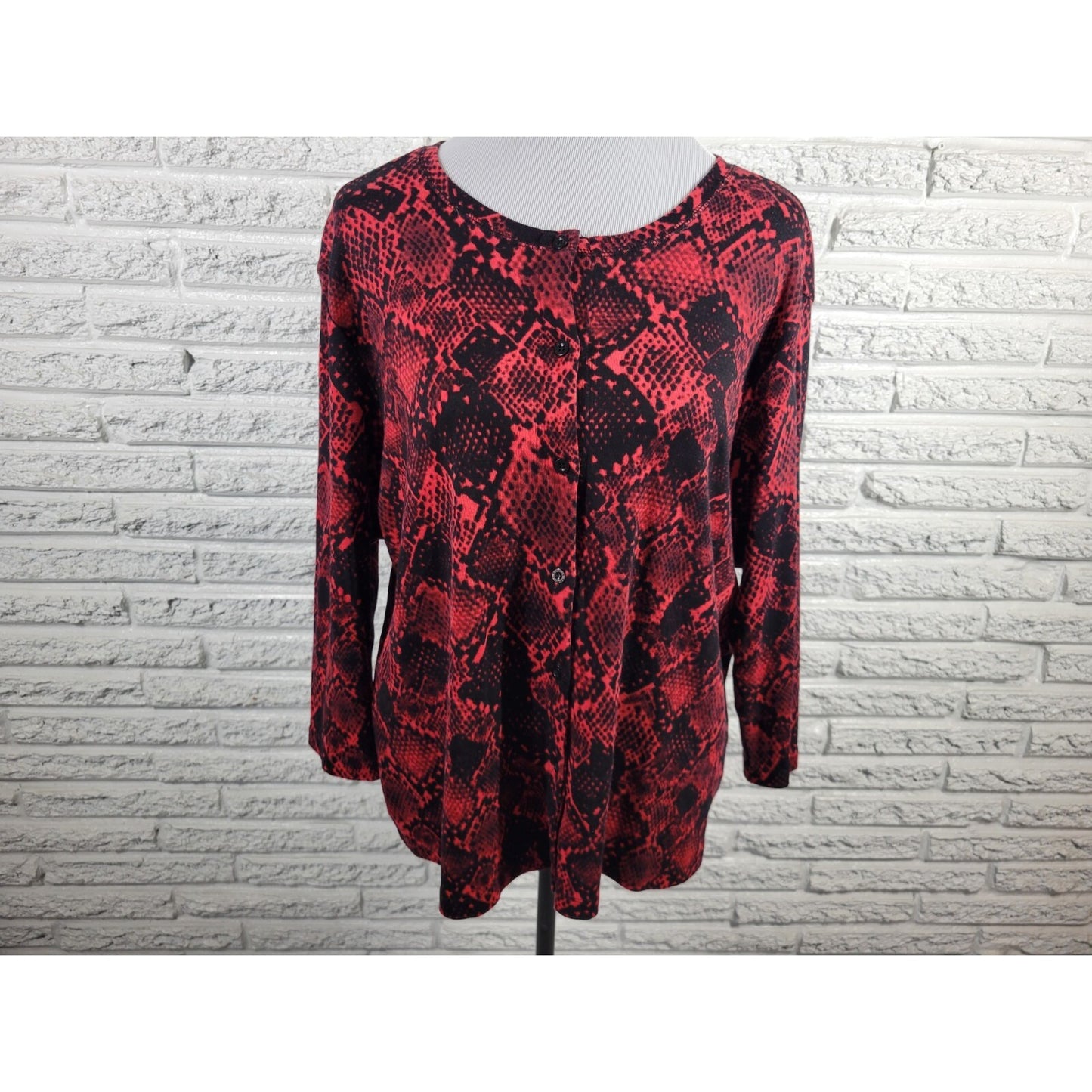 Rafaella Womens Top 1X Plus Cardigan Button Up Red Animal Print Cotton Comfy