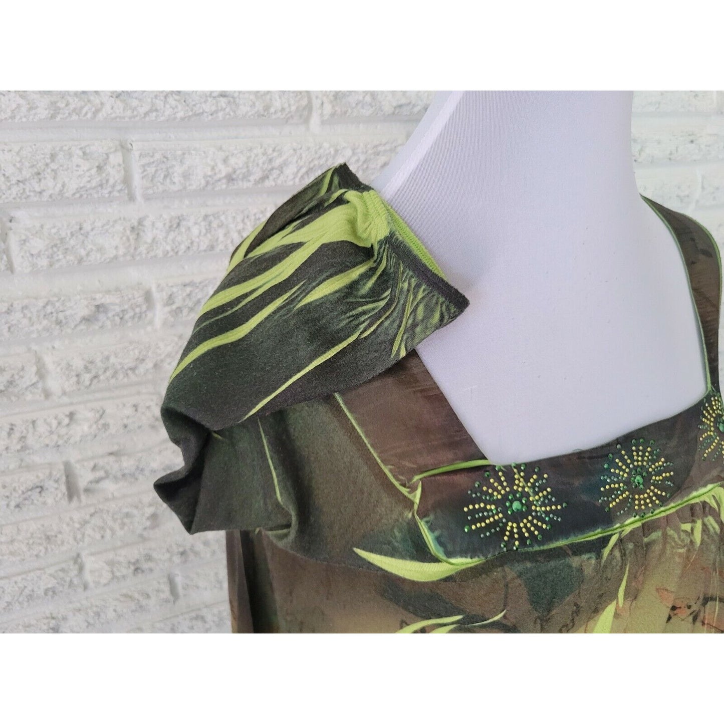 BLEU Womens Top 2X Plus 3/4 Sleeves Green Geometric Sublimation Studded Casual