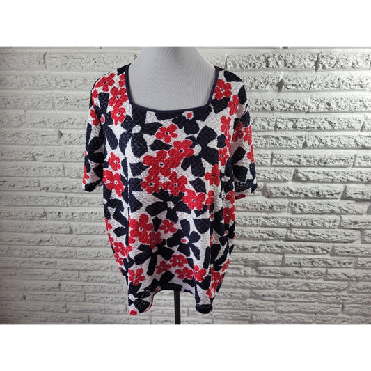 Alfred Dunner Womens Top 2X Plus Red Black Floral Perforated Poly Blend Lined