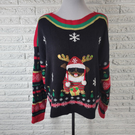 Christmas Blizzard Bay Womens Sweater XL Do Fuzzy Cuffs Sequins Acrylic Glitter