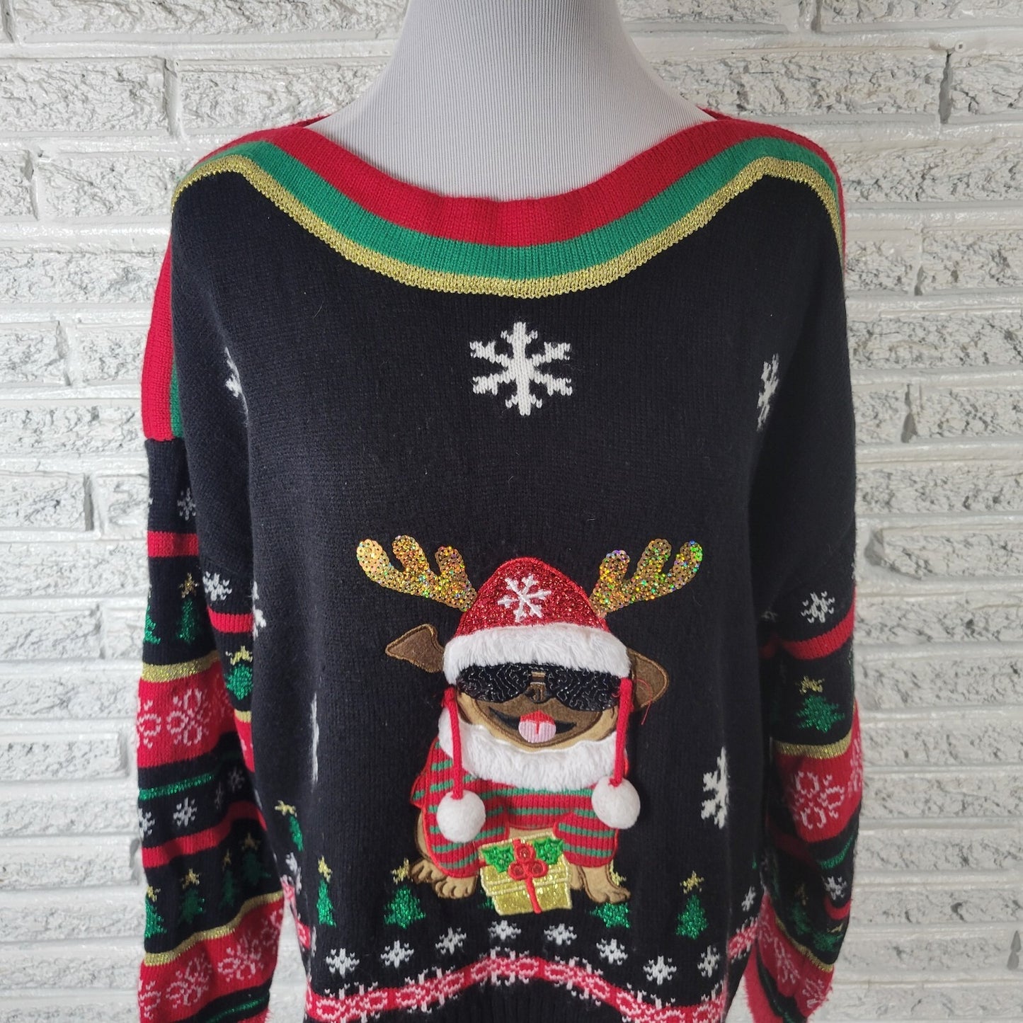 Christmas Blizzard Bay Womens Sweater XL Do Fuzzy Cuffs Sequins Acrylic Glitter