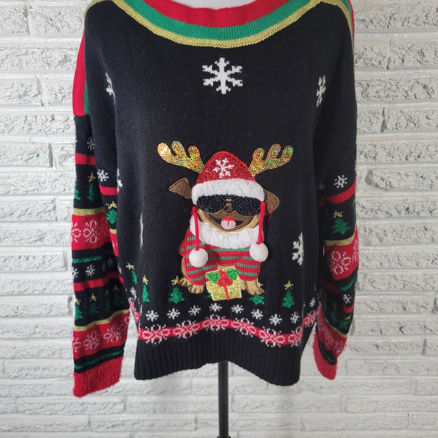 Christmas Blizzard Bay Womens Sweater XL Do Fuzzy Cuffs Sequins Acrylic Glitter