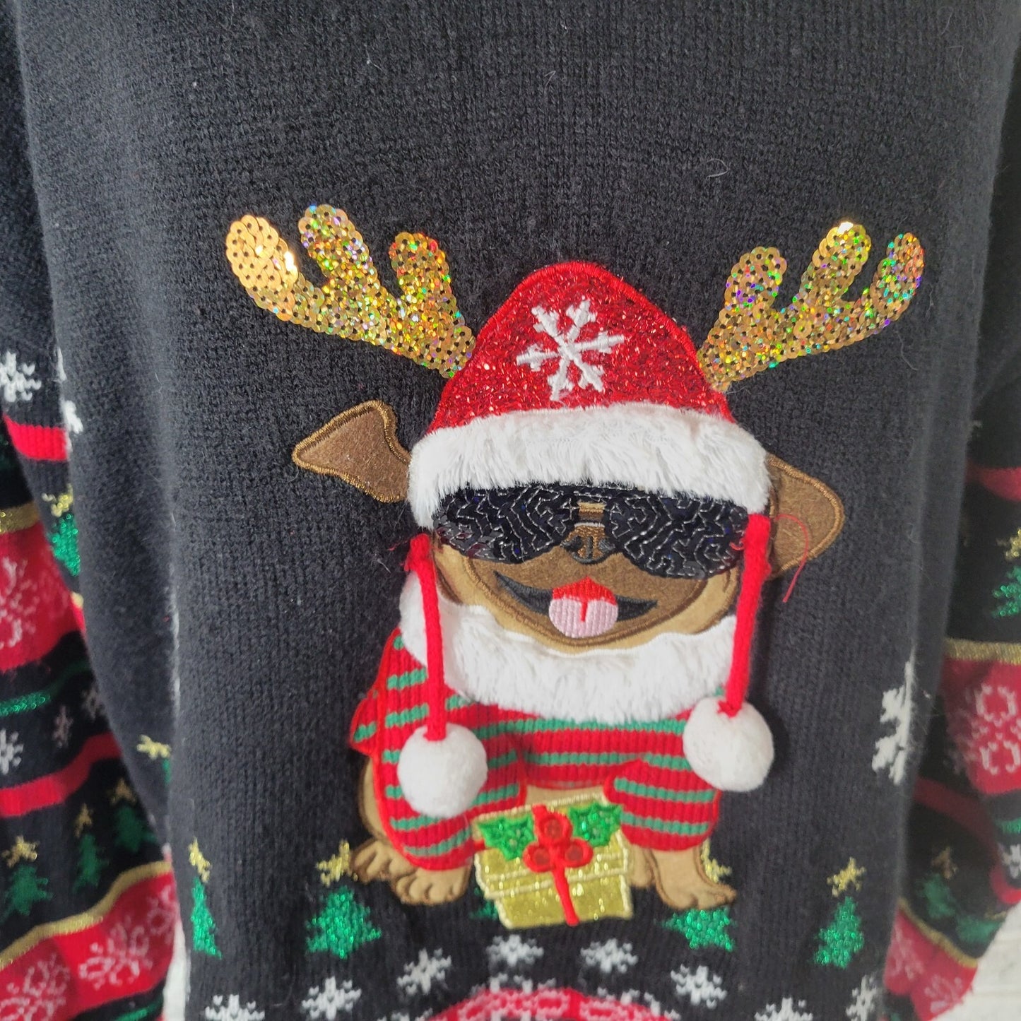 Christmas Blizzard Bay Womens Sweater XL Do Fuzzy Cuffs Sequins Acrylic Glitter