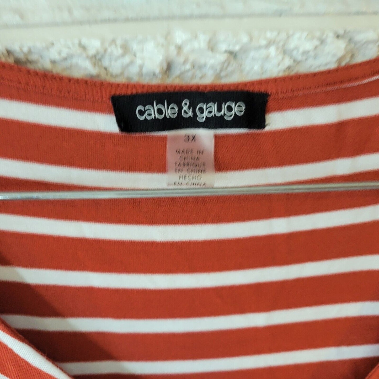 Cable Gauge Womens Top 3X Plus Tee Short Sleeve Burnt Orange Stripe Lightweight