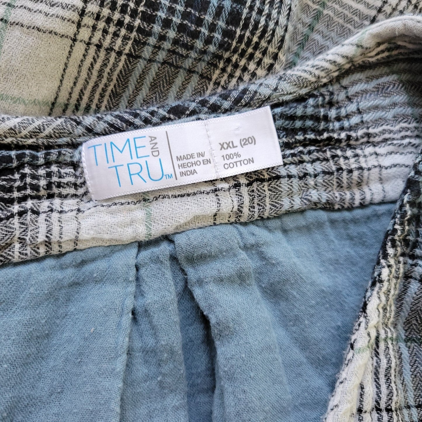 Time Tru Women Top XXL 20 Plus Long Sleeve Gray Blue Plaid Scoop Neck Tied Hem