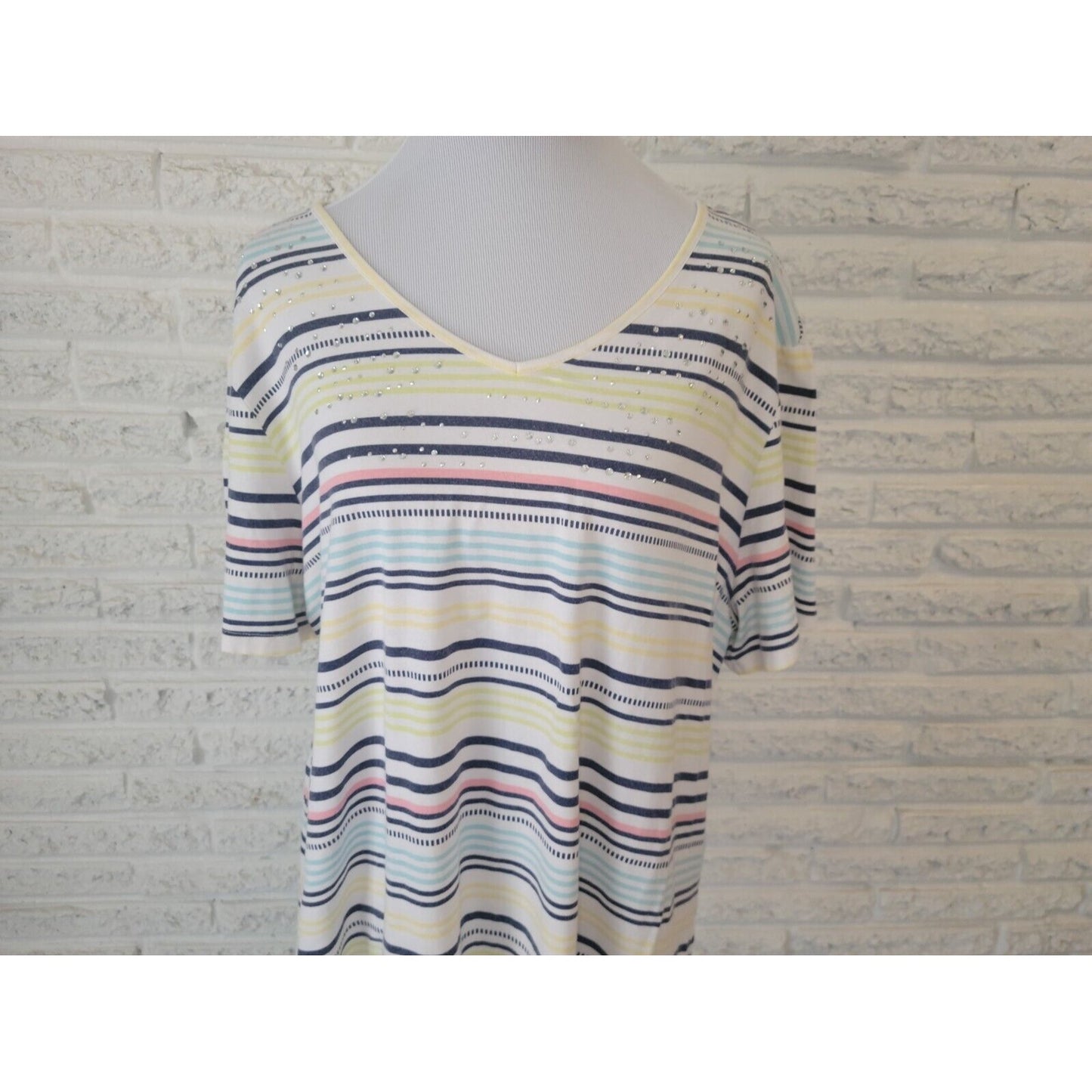 Coral Bay Womens Top 1X Plus Tee Lightweight Blue Stripe Rhinestone Comfy Casual