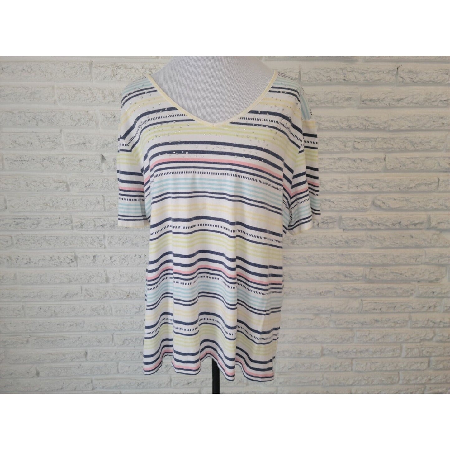 Coral Bay Womens Top 1X Plus Tee Lightweight Blue Stripe Rhinestone Comfy Casual