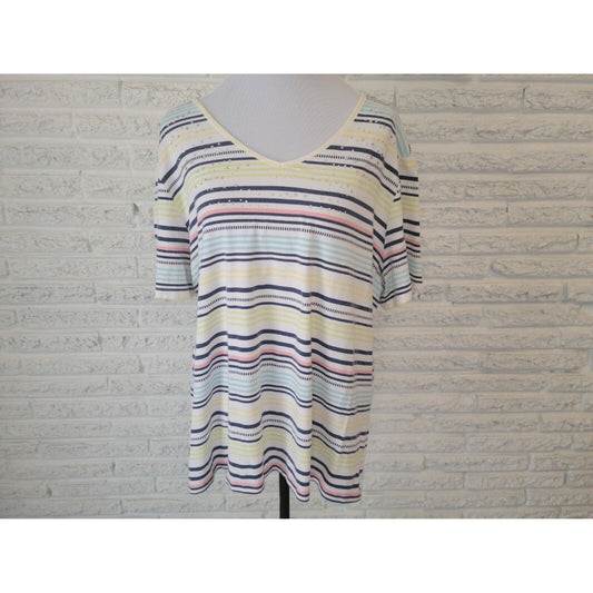 Coral Bay Womens Top 1X Plus Tee Lightweight Blue Stripe Rhinestone Comfy Casual