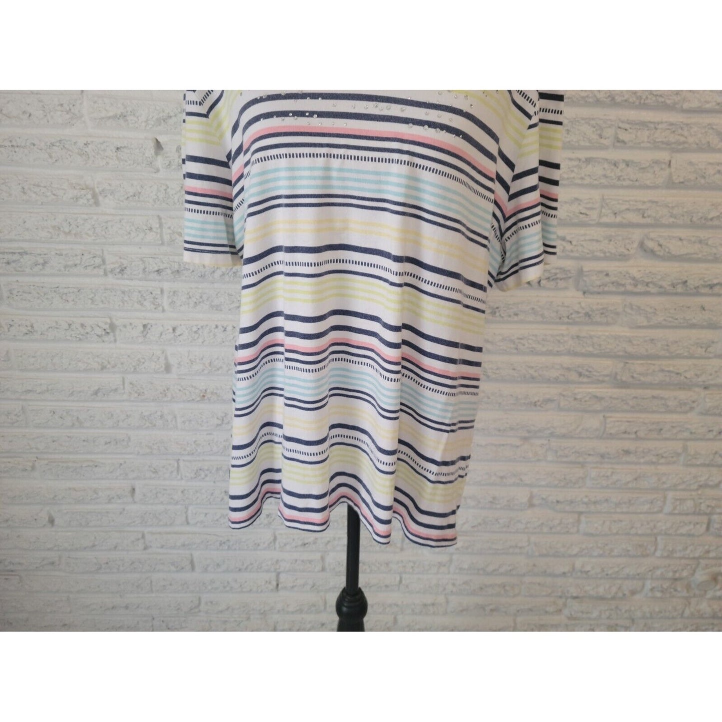Coral Bay Womens Top 1X Plus Tee Lightweight Blue Stripe Rhinestone Comfy Casual
