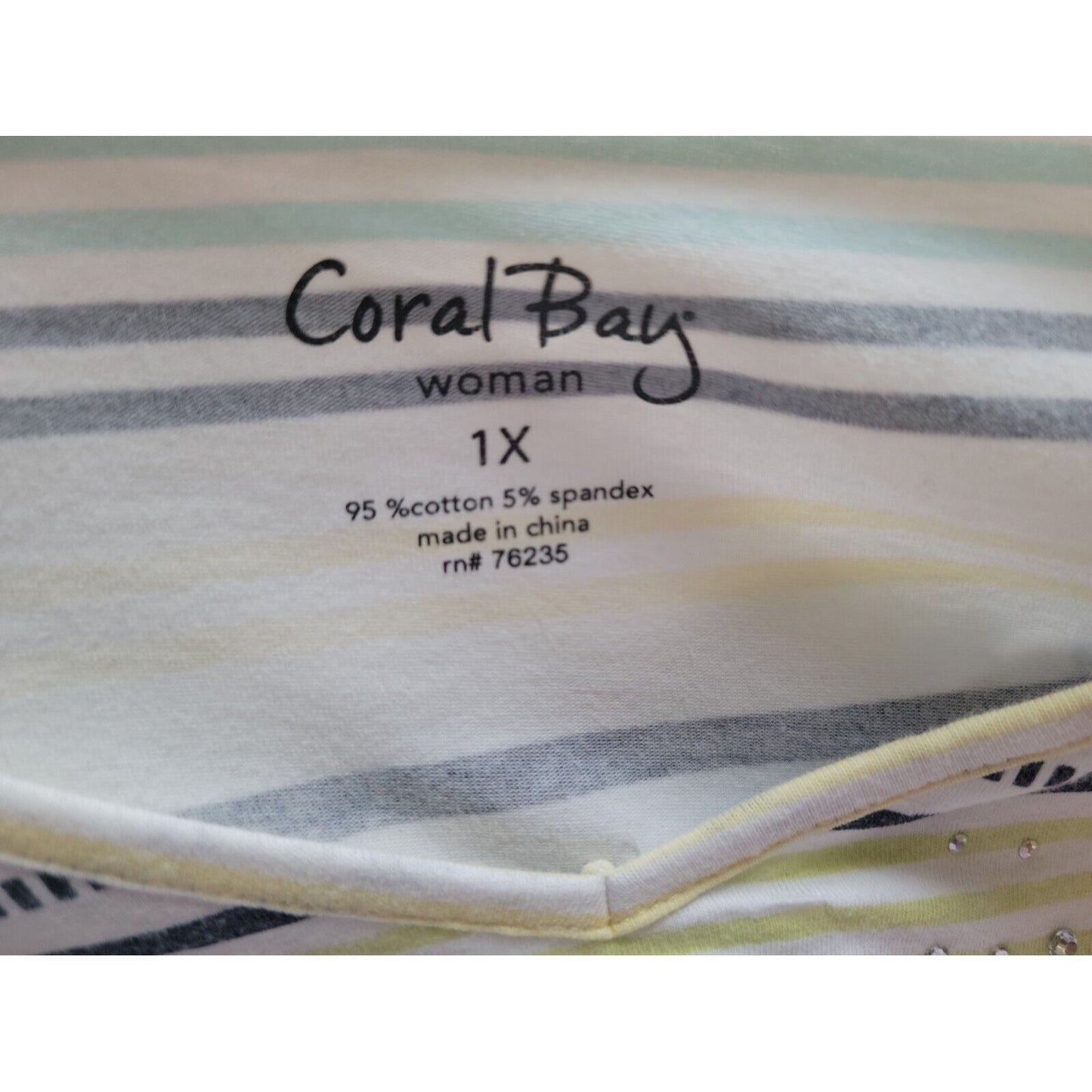 Coral Bay Womens Top 1X Plus Tee Lightweight Blue Stripe Rhinestone Comfy Casual