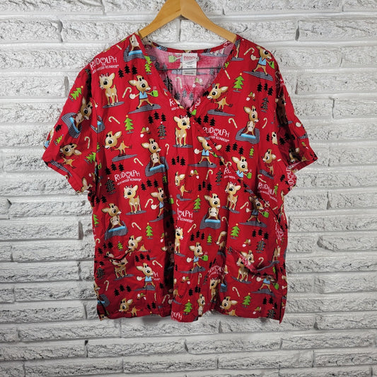 Christmas Rudolph Reindeer Unisex Scrub Top 3X Plus Red Pockets Elastic Back