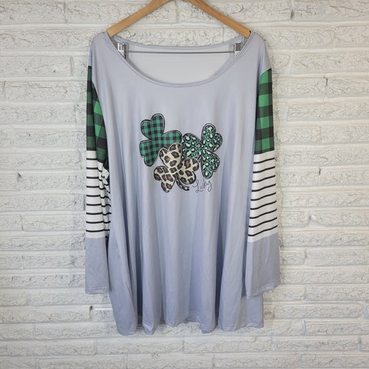 St Patricks Day Womens Top 5XL Plus Tee Long Sleeve Green Plaid Shamrock