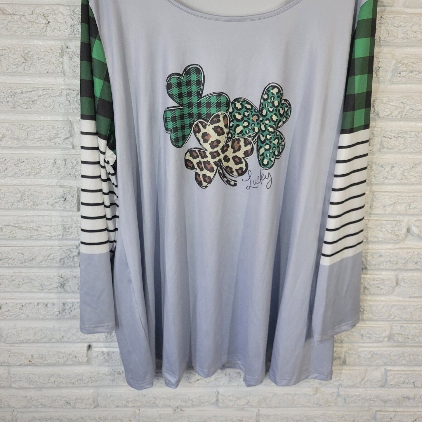 St Patricks Day Womens Top 5XL Plus Tee Long Sleeve Green Plaid Shamrock
