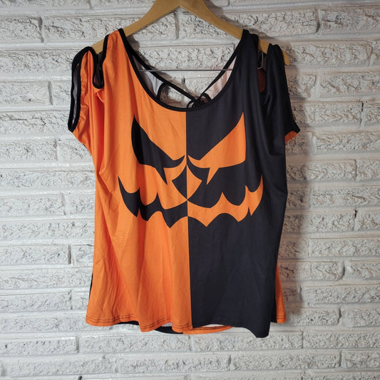 Halloween Shein Curve Womens Top 1XL Plus Cold Shoulder Jack o Lantern Orange