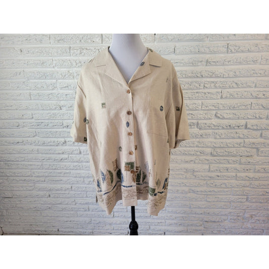 Maggie Barnes Womens Shirt 24WP Plus Short Sleeve Beige Abstract Linen Rayon