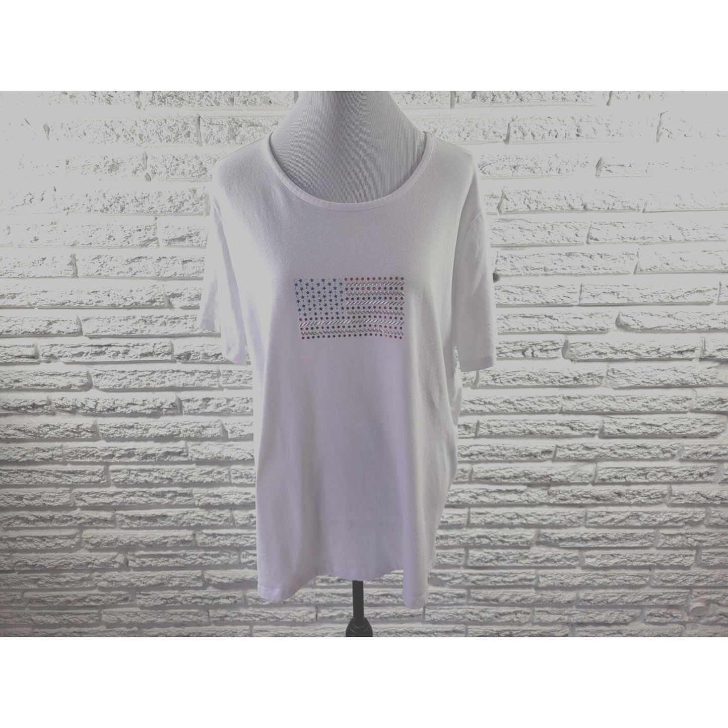 Fourth of July Coral Bay Women Top 1X Plus Tee Patriotic Casual Rhinestones Flag