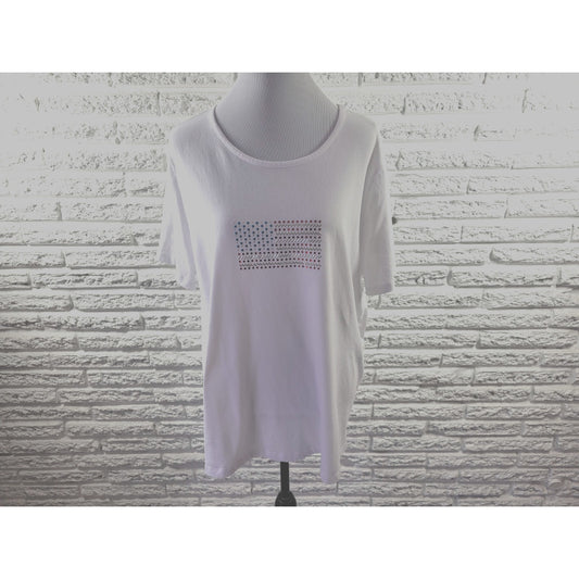 Fourth of July Coral Bay Women Top 1X Plus Tee Patriotic Casual Rhinestones Flag