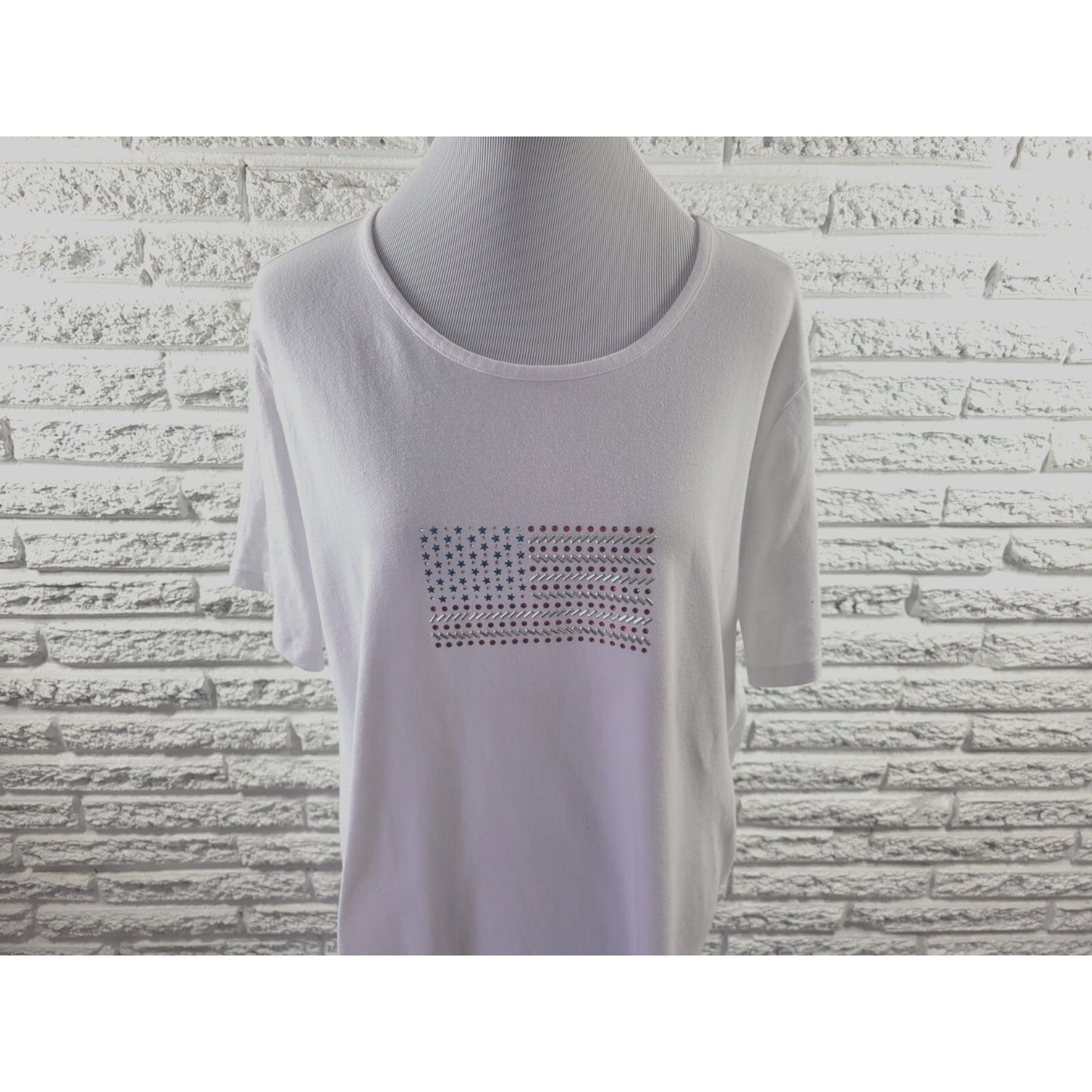 Fourth of July Coral Bay Women Top 1X Plus Tee Patriotic Casual Rhinestones Flag