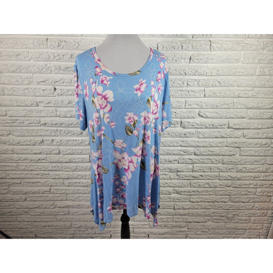Bishuige Women Top 3XL Plus Tee Tunic Short Sleeve Blue Floral Shark Bite Casual