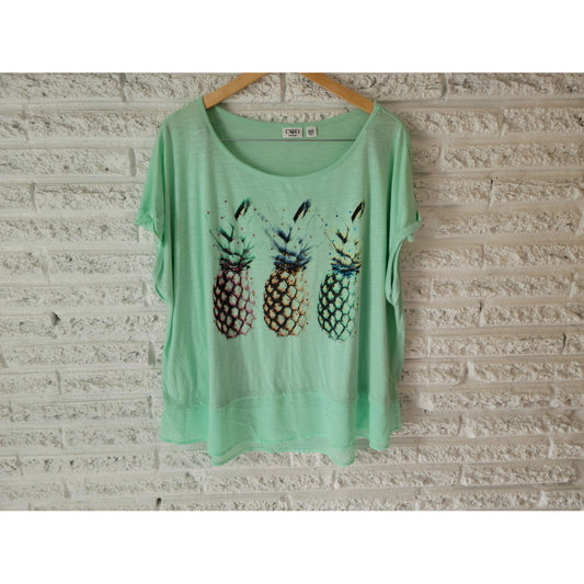 Cato Womens Top 26W 28W Plus Tee Cap Sleeve Pineapples Poly Blend Rhinestones