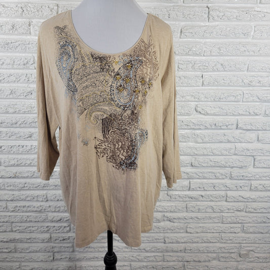 Laura Scott Womens Top 3X Plus 3/4 Sleeve Beige Tan Paisley Cotton Blend Studded