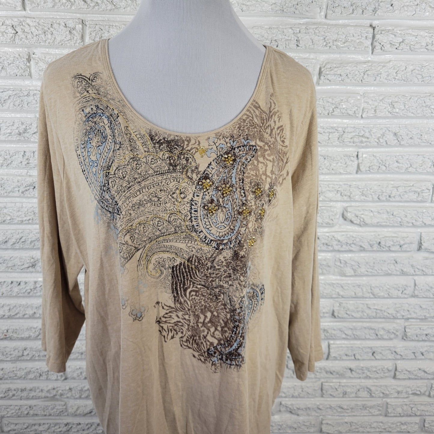 Laura Scott Womens Top 3X Plus 3/4 Sleeve Beige Tan Paisley Cotton Blend Studded