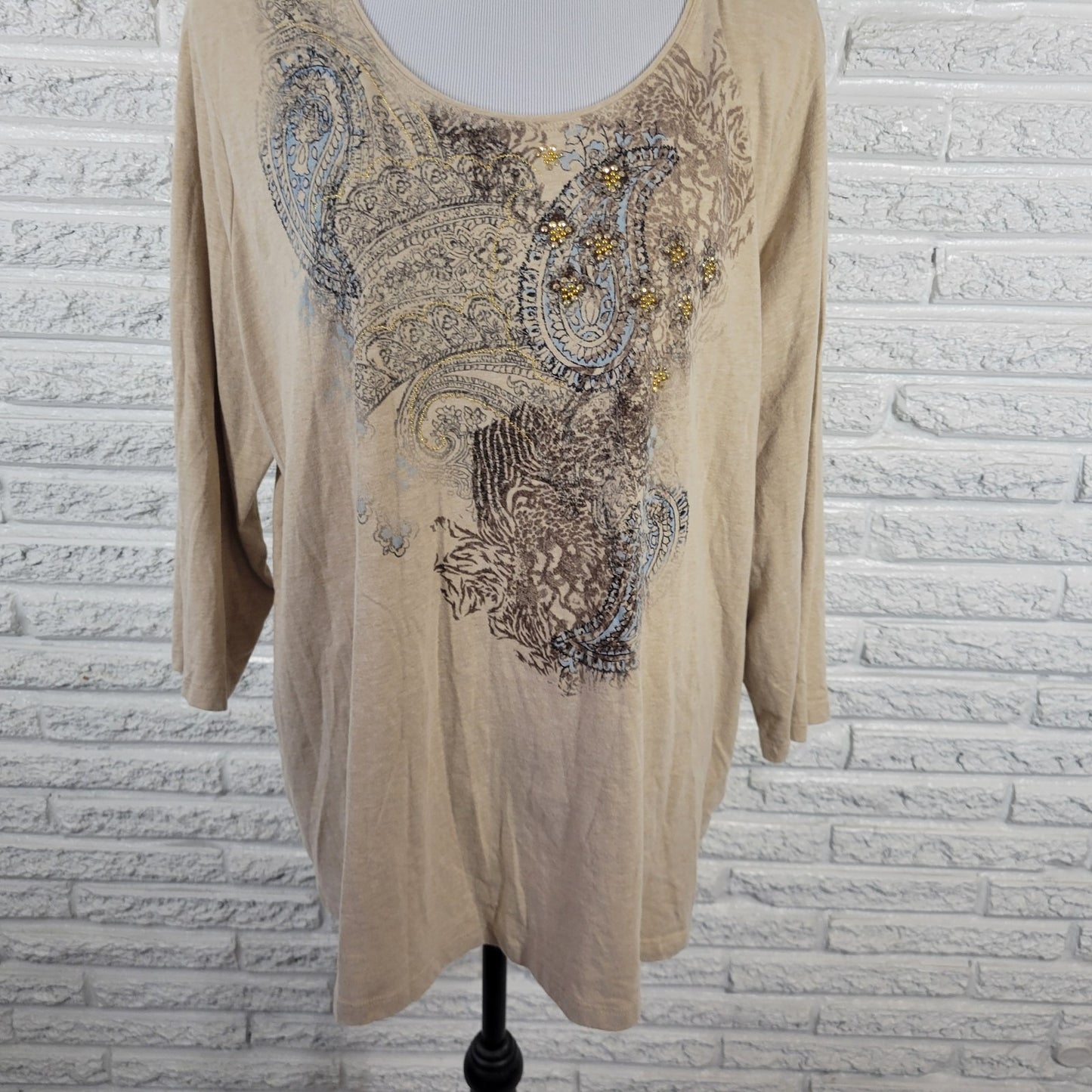 Laura Scott Womens Top 3X Plus 3/4 Sleeve Beige Tan Paisley Cotton Blend Studded