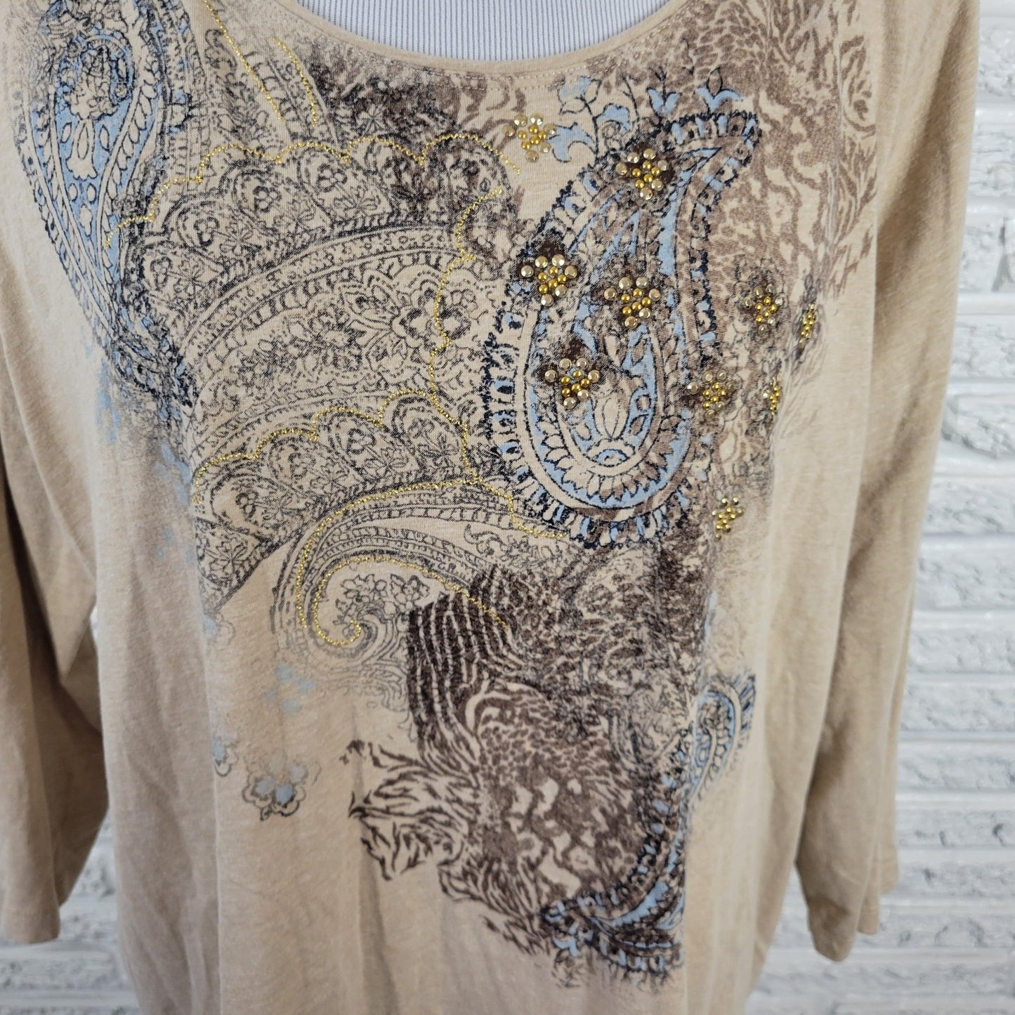Laura Scott Womens Top 3X Plus 3/4 Sleeve Beige Tan Paisley Cotton Blend Studded