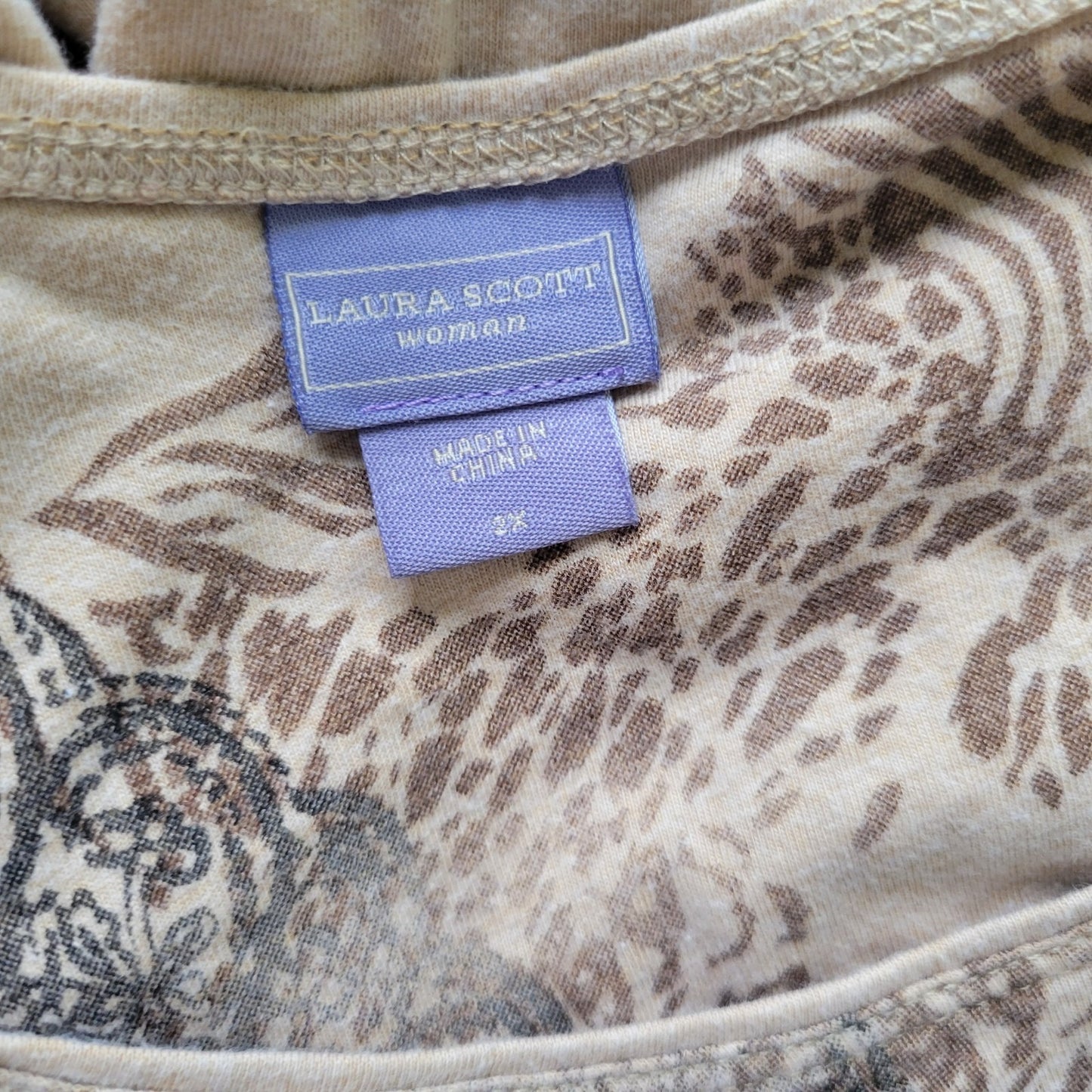Laura Scott Womens Top 3X Plus 3/4 Sleeve Beige Tan Paisley Cotton Blend Studded