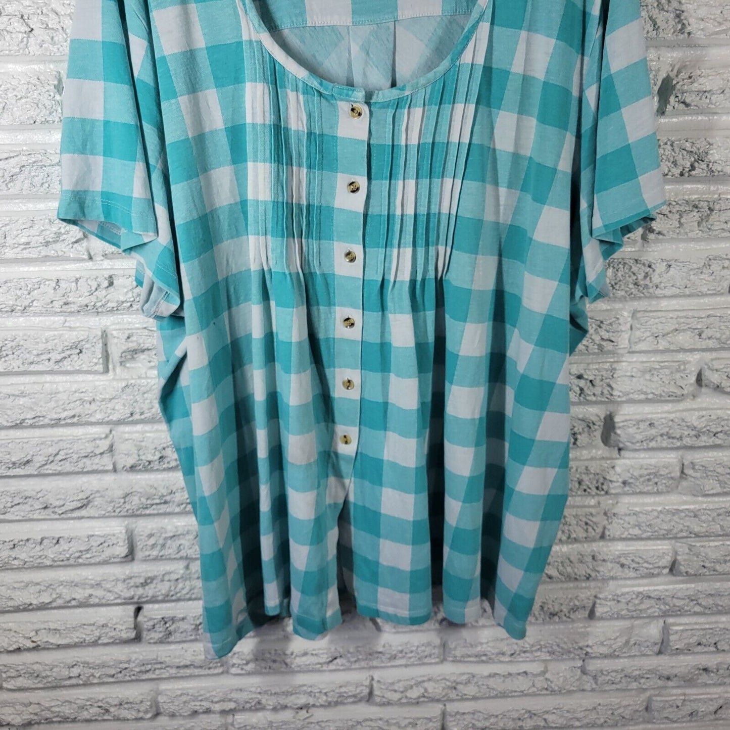 Woman Within Womens Top 4X Short Sleeve Blue Plaid Pintuck Cotton Blend Button