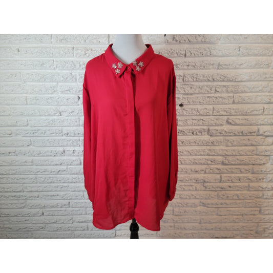 Woman Within Women Blouse 3X Plus Collar Button Up Red Beaded Sheer Career Party