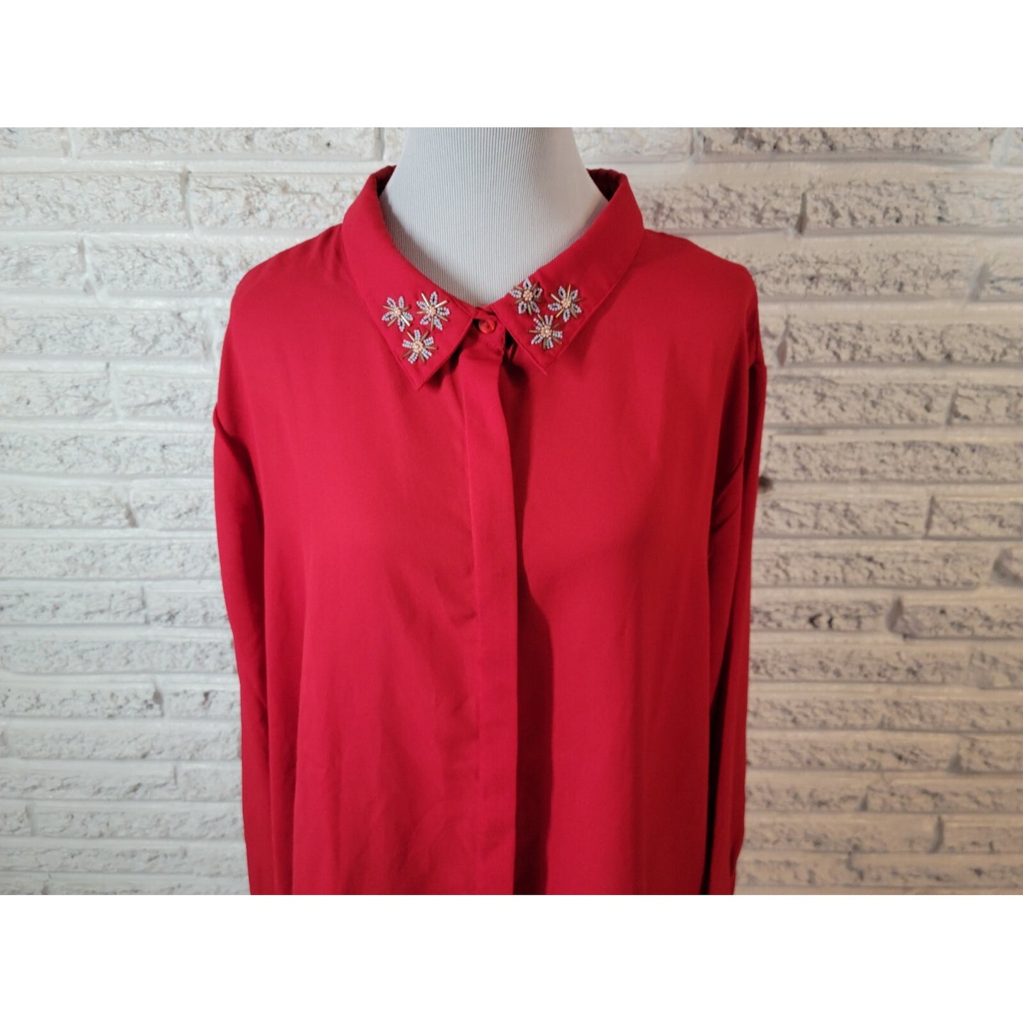 Woman Within Women Blouse 3X Plus Collar Button Up Red Beaded Sheer Career Party