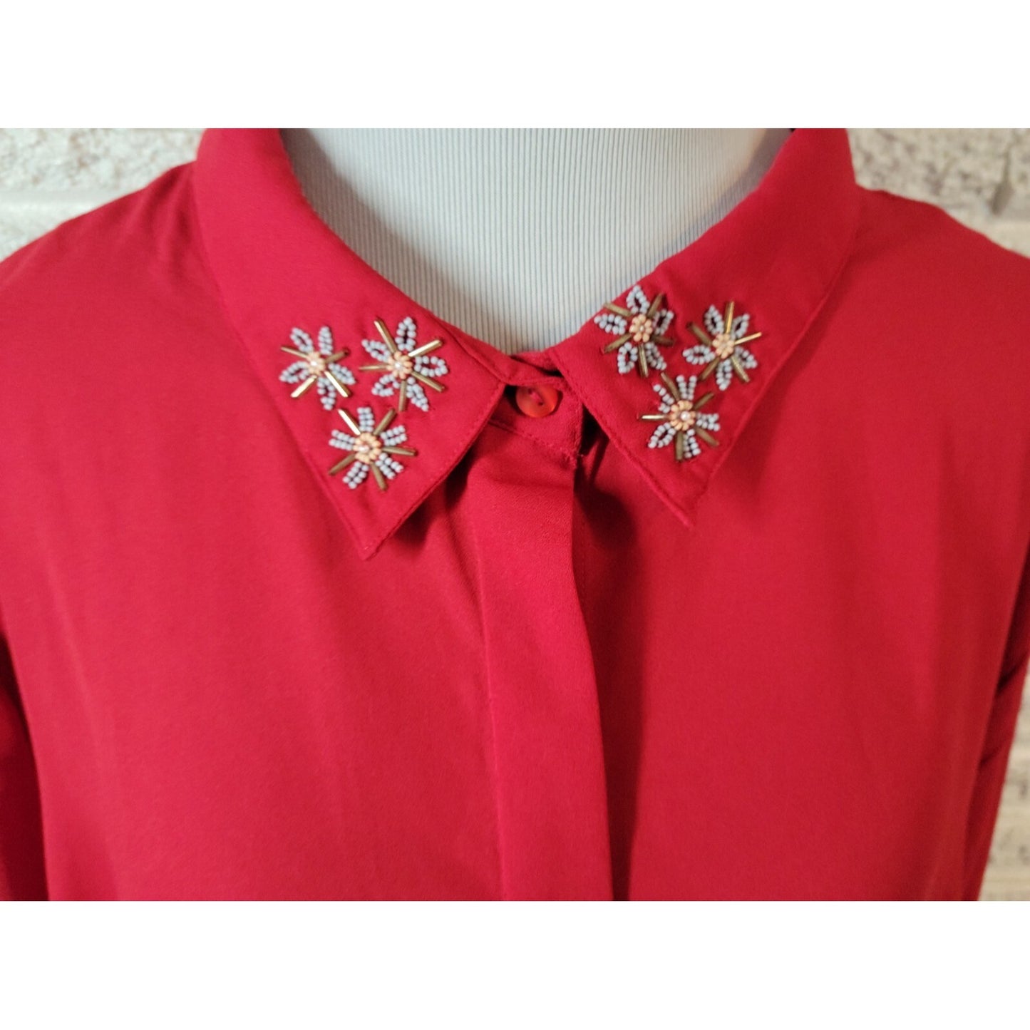 Woman Within Women Blouse 3X Plus Collar Button Up Red Beaded Sheer Career Party