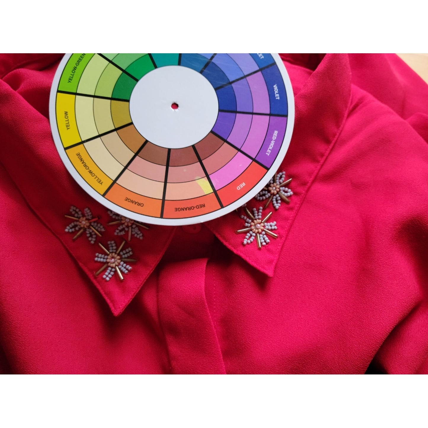 Woman Within Women Blouse 3X Plus Collar Button Up Red Beaded Sheer Career Party