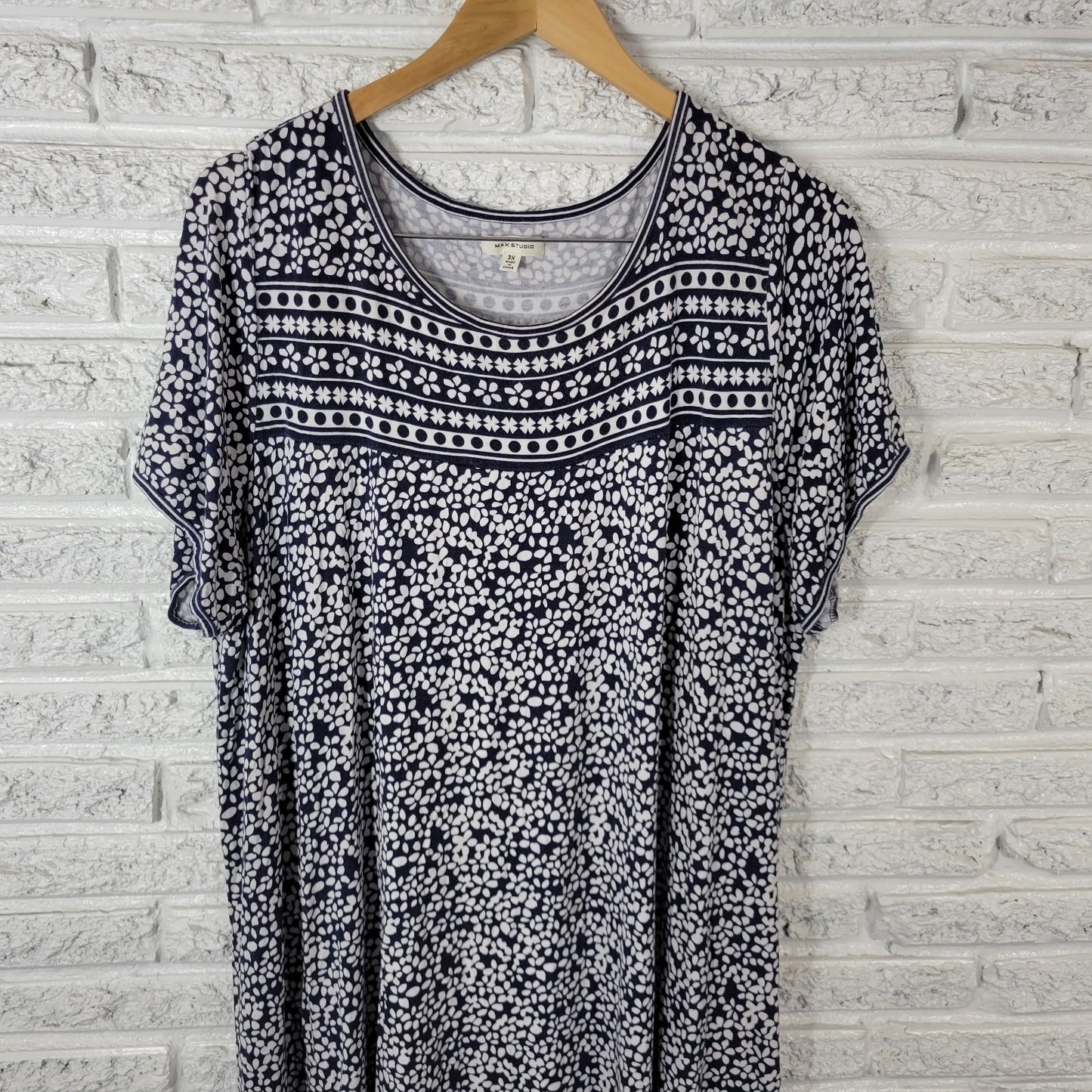 Max Studio Womens Dress 3X Plus Mini Short Sleeve Blue Floral Rayon Spandex