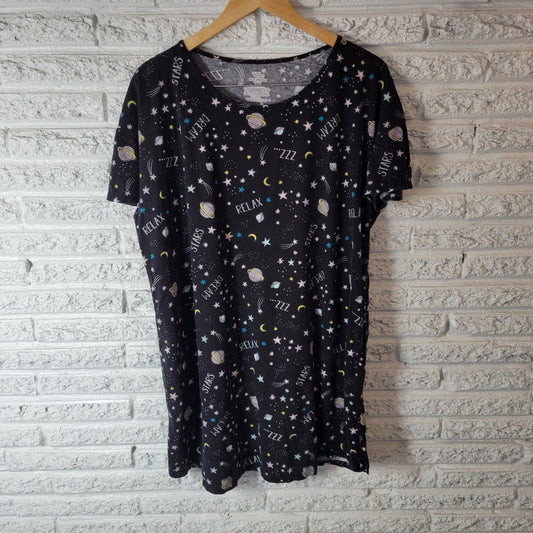 Secret Treasure Womens Pajama Top 2X 3X Plus Black Relax Outer Space Stars Comfy