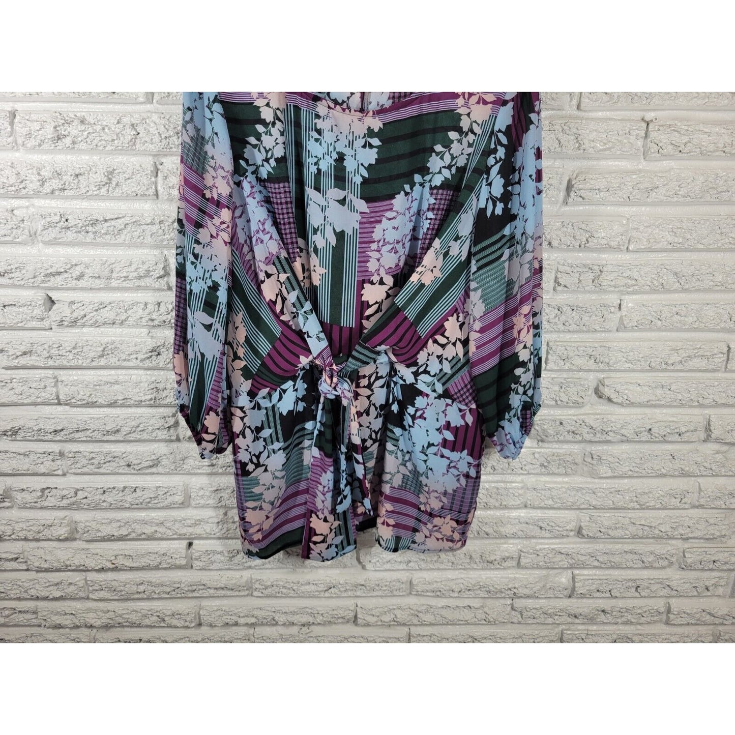 Ashley Stewart Womens Top 18 20 3/4 Sleeve Tie Purple Floral Sheer Keyhole Back