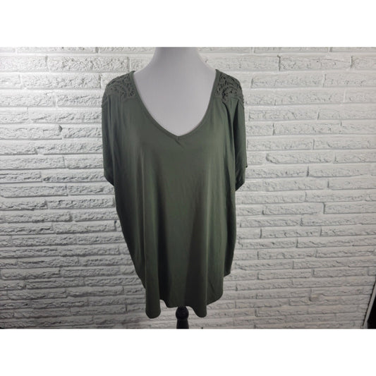 Ana Womens Top 3X Plus Tee Cap Sleeve Green Crochet Shoulder Soft Poly Blend